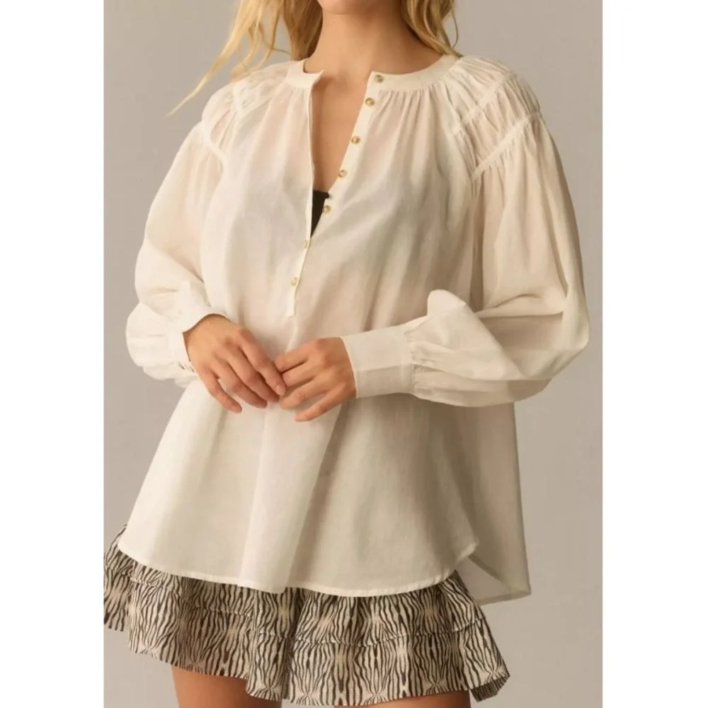 Pilcro Henley Blouse Womens XSP White Long Sleeve Cotton Viscose Boho Top - Picture 9 of 9